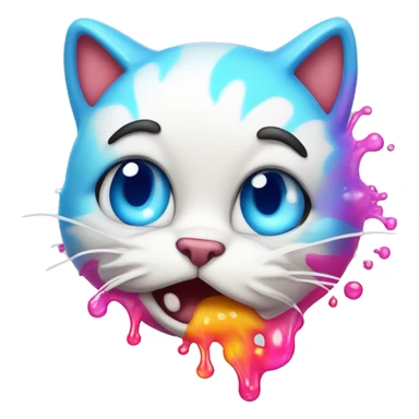 A cute cat character looking unwell, with a colorful stream of liquid coming from its mouth, depicted in a cartoonish and playful style sticker