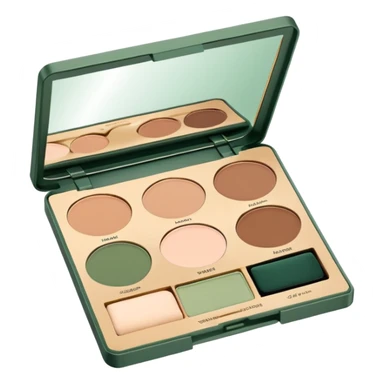An elegant open makeup palette with earthy-toned eyeshadows and a small mirror, minimalist line art, warm beige and marsh green background sticker