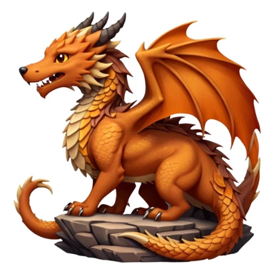 Majestic wolf-like dragon with red sandstone scales and layered plates resembling canyon rock formations. Crystallized mineral mane with copper and gold hues runs down its neck and back. Obsidian claws, amber eyes, and a tail of stone spires. Pokémon style. orange-ish brown fur/scales. sticker