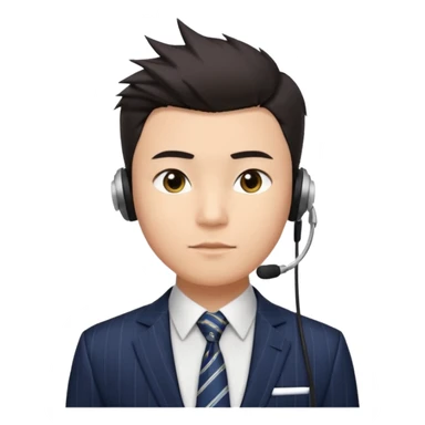 gay young Asian man with light skin, short dark hair styled upward with a sharp spiked swoop in front, slightly narrowed almond-shaped eyes with a confident, knowing squint, a clean-shaven face, and a sleek single-ear headset, wearing a dark pinstripe suit with a patterned shirt tie sticker