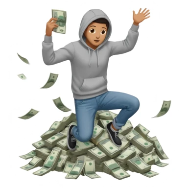 casually dress person in jeans and a hoody jumping into a pile of money sticker