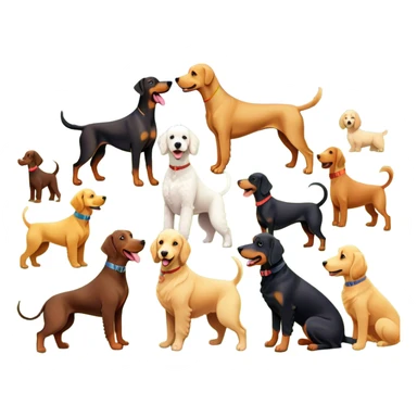 Collage of various dog breeds like Doberman, Poodle, Dachshund, and Golden Retriever, playing in a park with trees and grass. Some dogs run, others sit, all are full of energy and happiness. A joyful, colorful scene with playful expressions. Transparent background. sticker