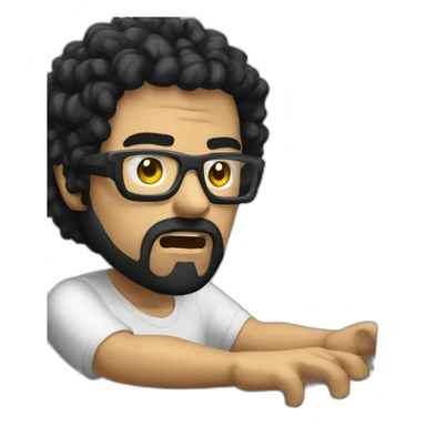 angry men with black curly hair and beard with golden glasses working on computer sticker