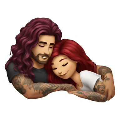 Beautiful tattooed burgundy long haired woman laying on the boyfriends chest sticker