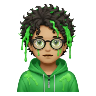 pale light brownskin boy with green slime coming out his eyes, and black glasses, nosering, wit messy, and curly freeforms, wearing a red hoodie with a Glo Gang sun on the hoodie. sticker