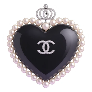 Add a diamond accent to the glossy black heart with pearls and silver Chanel logo, keep the background transparent, elegant, black and white color scheme, 3D emoji style. sticker