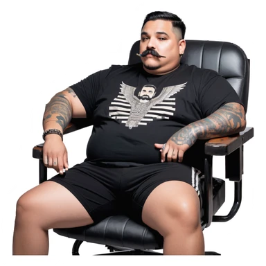 Large man reclining in chair, legs spread, smoking a cigarette, round face, very short black hair, beard and mustache, light skin, black t-shirt with light stripes at top riding up to show belly, black shorts, arms covered in black graphic tattoo patterns sticker