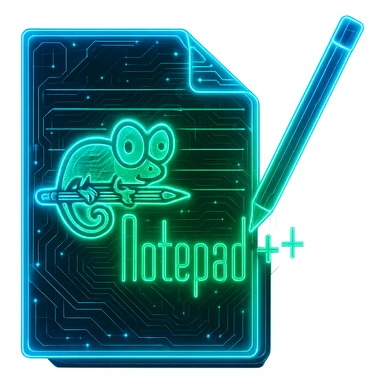 Transform the Notepad++ logo into a cyberpunk, holographic style with glowing neon blue edges and circuit patterns throughout. Maintain some of the original green color, especially in the chameleon and the notepad. Include both blue and green neon glow for a futuristic look, keeping the design clean and recognizable. Use a transparent background. sticker