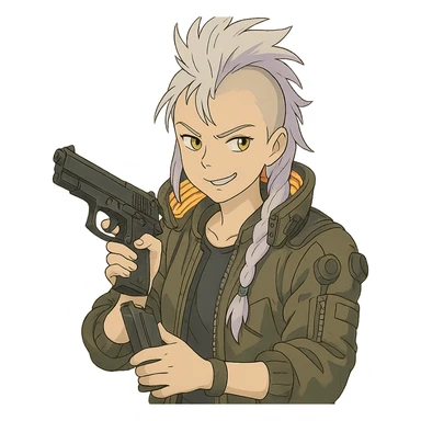 1 female, gold yellow eyes, white hair lavender tips, long white braid, unruly locks in front, mohawk, wearing trademark cyberpunk jacket with the lit up inner collar, reloading a m9 pistol with a smirk sticker
