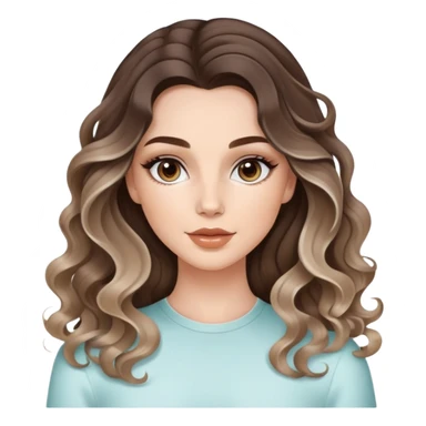 beautiful brunette with a light balayage white girl with nice curls/defined waves, very long hair, clean girl makeup APPLYING A SKINCARE MASK sticker
