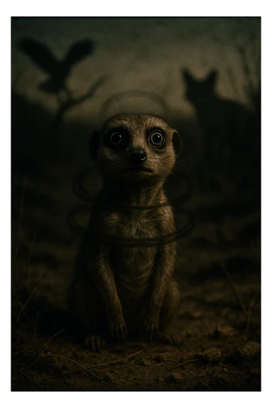 A hyperrealistic, cinematic illustration of a small wild animal, such as a rabbit or a meerkat, with wide, alert eyes and tense body posture, standing in a dry, rugged environment with predators lurking in the shadows. The animal's chest is visibly rising and falling rapidly, representing short, shallow breathing due to constant fear and vigilance. The background is dimly lit, with faint shadows of predators like hawks or foxes barely visible, symbolizing the ever-present threat. Around the animal, subtle visual representations of tension and stress appear as tight, dark rings or smoke near its chest and head, while the environment feels heavy and oppressive. The color palette is muted earth tones, with sharp focus on the animal’s tense face and rapidly moving chest, while the environment around is slightly blurred, emphasizing the feeling of isolation and perpetual fear. The style is 35mm film hyperrealistic with a storytelling, National Geographic documentary aesthetic, capturing the concept of an animal constantly living in fight-or-flight, breathing fast and shallow to survive sticker