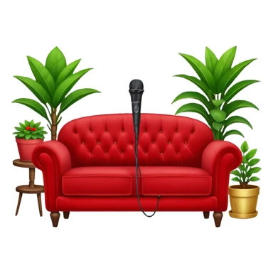 front view of a red velvet couch with a mic in front and small houseplants in the background sticker