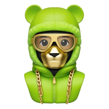 geometric bearbrick in lime green balaclava with brand tags, eyes replaced by integrated single-piece visor lens built into mask itself, not as separate glasses, down jacket with fur hood, gold chains sticker