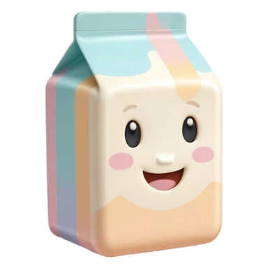 Cinematic adorable milk carton, soft pastel colors, tiny rounded edges, chubby smiling face, warm glowing highlights, gently tilting in a playful pose. sticker