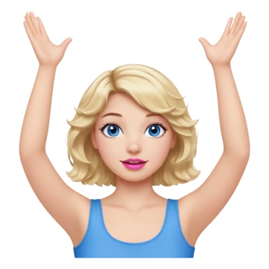 Girl Blonde short wavy hair,  blue eyes, cute blue top, long lashes, pink lips, both hand up in the air  sticker