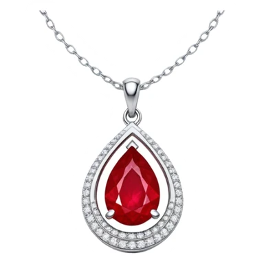 teardrop ruby pendant pulsing fiery red, cradled in a floating silver chain, haloed by glistening white stones like stardust sticker