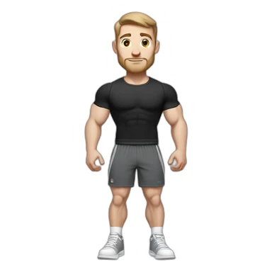 Pale skinned Fit Man With the biceps and dark brown hair in black shirt, gray sports shorts and white Sneakers sticker
