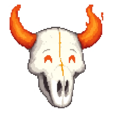 Make the white bull skull with bright red-orange flaming horns look less scary, give it a friendly and approachable expression, keep the style consistent. Remove the background. sticker