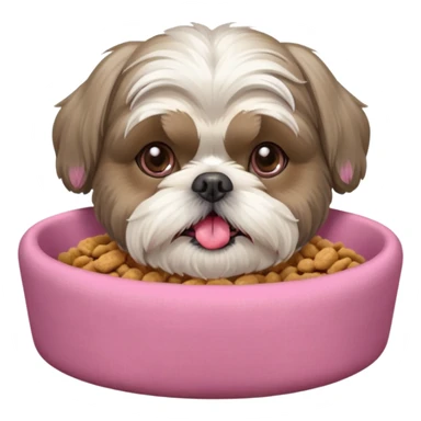 old ALL grey shih tzu in pink dog bed tongue hanging out with a bowl of food sticker
