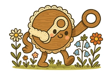 whimsical cartoon Steam logo in cottagecore style, arms and circles made of chunky wood, oversized lace, cartoon wildflowers, cute friendly look, no text sticker