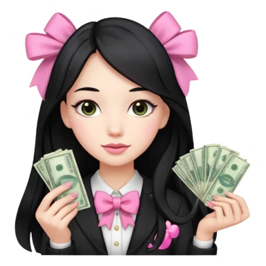 Menina de cabelo preto longo , laços rosas , dinheiro , luxo sticker