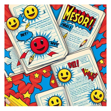 Create a vibrant emoji, representing comic books and graphic novels as an art form. The design should feature a large, opened comic book with vintage comic panels on the pages. Include a pencil (without a hand), writing text or sketching on the pages. The comic panels should have bold lines and retro-style artwork with classic comic book visuals. Use bright, energetic colors like red, yellow, and blue to evoke excitement and creativity. The overall design should feel dynamic, vintage, and artistic. Make the background transparent. sticker