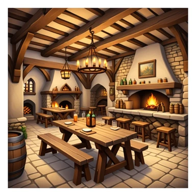 cozy medieval fantasy tavern with wooden beams, fireplace, and tables where adventurers gather sticker