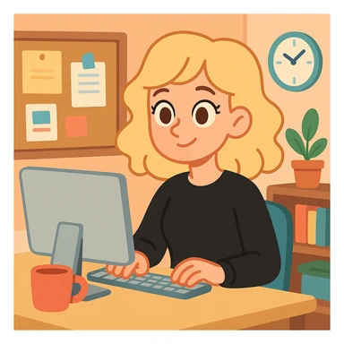 pretty brown-eyed blonde young woman with wavy hair, wearing a black sweater, working on a computer in a cozy office sticker