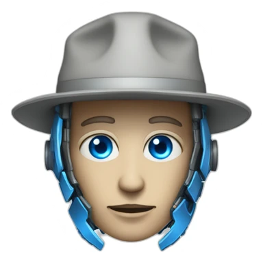 a humanoid cyborg with blue eyes that has oppenheimer's hat sticker