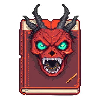 Make the red cursed book with glowing eyes look even more evil by adding sharp fangs, cracks, and a sinister aura. Pixel art style with no background. sticker