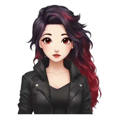 Gorgeous anime style lady with blushing face aesthetic and pretty edgy black red punk hair with hair garment trending style sticker