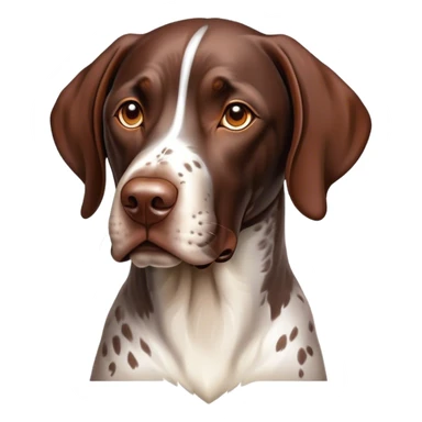 Cinematic German Pointer Portrait Emoji, Elegant and alert, sleek brown and white tones, Simplified yet sharp features, highly detailed, glowing with a warm, confident glow, high shine, intelligent and poised, stylized with an air of grace, focused and attentive, soft glowing outline, capturing the essence of agility and loyalty, so lifelike it feels as though it could spring into motion at any moment! sticker