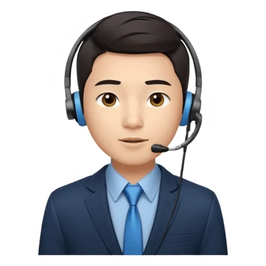 A young Asian man with smooth light skin, dark hair that swoops upward in the front, expressive eyes, a clean-shaven face, and a call-center style headset over one ear, usually paired with a crisp shirt and suit jacket visible from the chest up. sticker