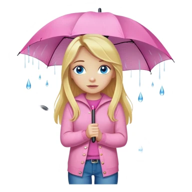 Cinematic realistic emojis in the form of a blonde girl with long hair and blue eyes, dressed in a pink sweater and jeans, holding an umbrella above her, on which rain is dripping sticker