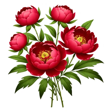 bouquet red Peony, luxuriant, stem, leaf, bud sticker