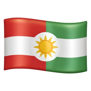 Kurdistan flag with red, white, and green horizontal stripes and a yellow sun emblem in the center, glossy rounded rectangular shape, subtle shading, Apple iOS flag emoji style sticker