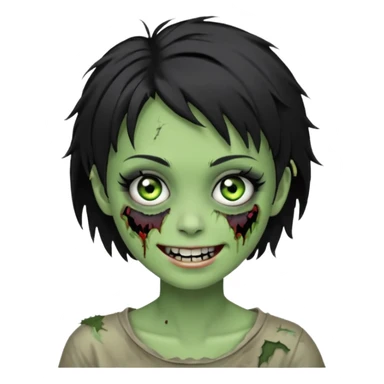 Green zombie girl with messy black short hair with lashes and torn cheek and smiling face sticker