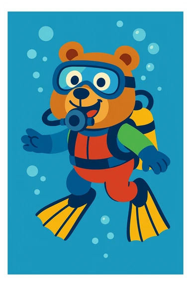 cheerful cartoon bear in full scuba gear, underwater sticker