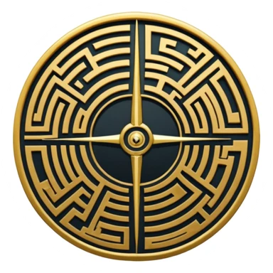 A vertical sword in the center of a circular maze, inside of which is embedded a thin astrolabe. The lines are strict, geometric, and symmetrical. The material is a dark metal (antimonium). The style is a minimalistic alchemical sign. sticker