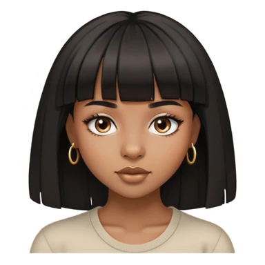 brownskin girl, beautiful girl, black straight hair with bangs above eyebrowns, nose piercing sticker