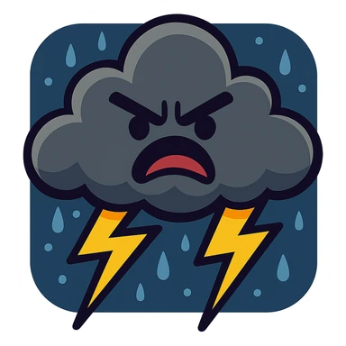 furious thunderstorm cloud, cartoon style, furrowed eyebrows, yellow lightning, dark blue background sticker
