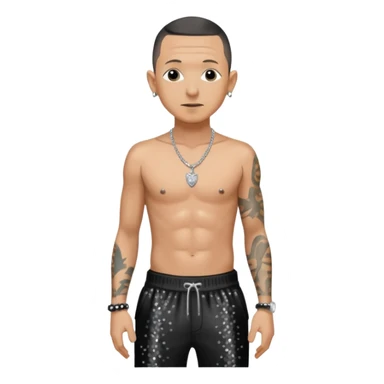 Chester Bennington with black sequin baggy pants, shirtless with necklace sticker