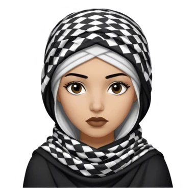 The image features a young woman wearing a black and white keffiyeh wrapped around her head and draped over her shoulders. She has a serious yet confident expression, with full lips slightly pursed and lashes. Her outfit consists of dark clothing.  sticker