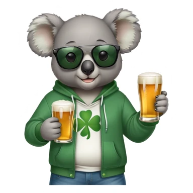 anthropomorphised koala, full body, wearing a hoodie and jeans, dark sunglasses, headphones, dressed for St. Patrick's Day sticker