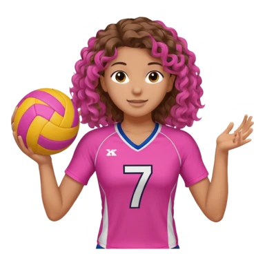 joueuse de volley ball blanche avec des cheveux longs boucles brune avec maillot rose numero 7 et une balle rose debout buste  sticker