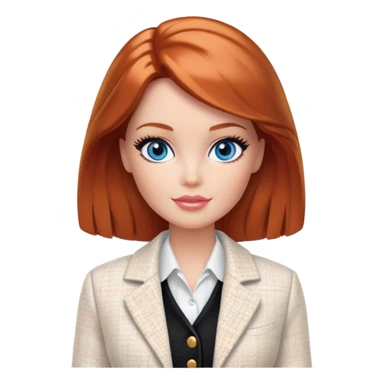 A Barbie girl with blue eyes, shoulder-length reddish-brown hair with makeup, wearing a white tweed jacket and a black skirt stands with hiskin orange cream sticker