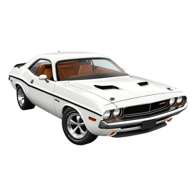 Anatomically correct white 1971 Dodge Challenger muscle car, proper 30-degree angle view, maintaining authentic proportions and structure, highly detailed but minimalist, pure white exterior, iOS emoji style sticker