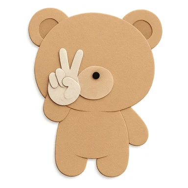 Update the eyes and nose/mouth area of the bear head with peace sign hand gesture to match exactly the color and features of the reference image. Keep all other features, colors, and the paper craft style unchanged. Clean lines, transparent background. sticker