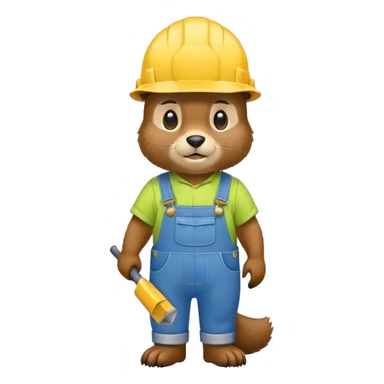 beaver worker wearing a white hard hat, blue work overalls, light green shirt sticker