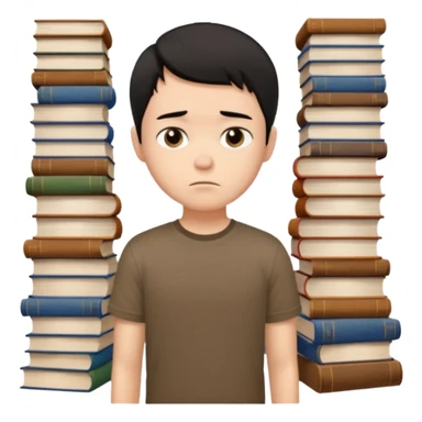 generate a pretty bratz fair skinned boy with short black hair wearing a brown tshirt surrounded by books n looking very sad sticker